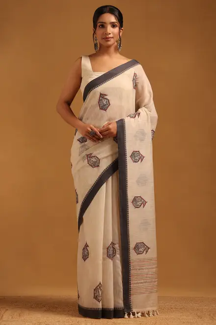 Black Chanderi Warli Saree With Hand Embroidery